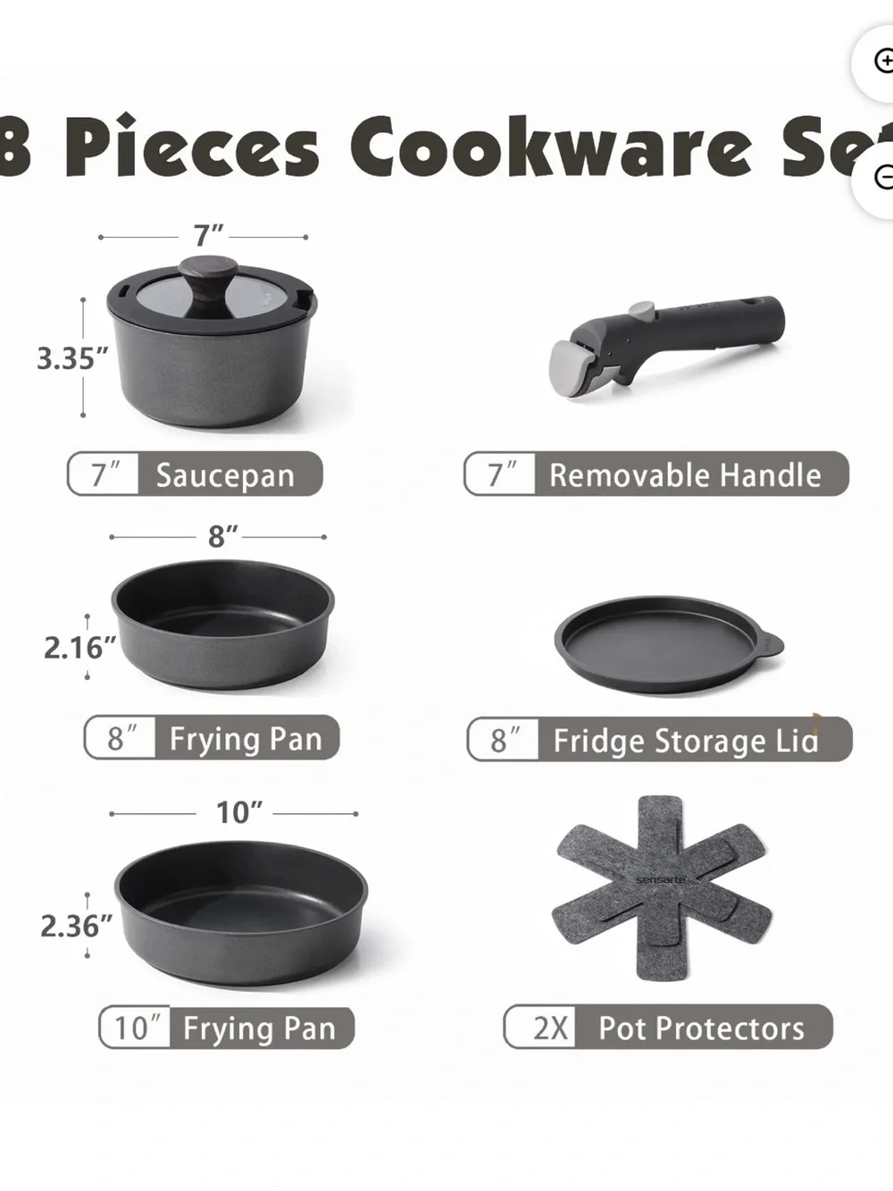 Gray 8-Piece Nonstick Cookware Set with Removable Handle